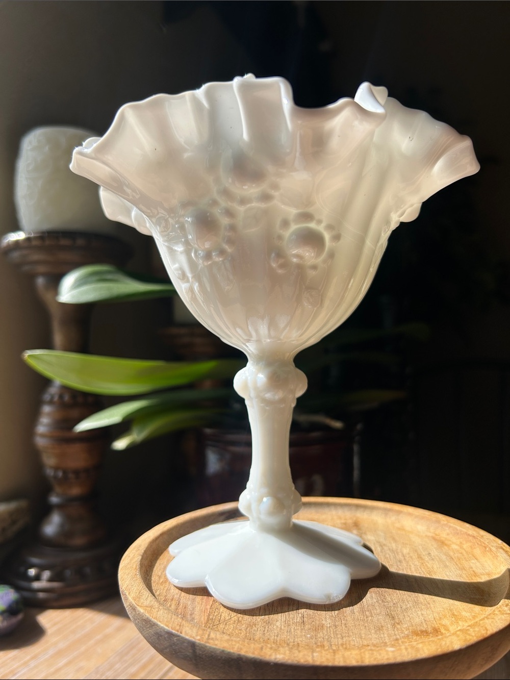 Vintage Fenton Art Glass Co. milk glass Compote Ruffled Cabbage Rose Pattern
